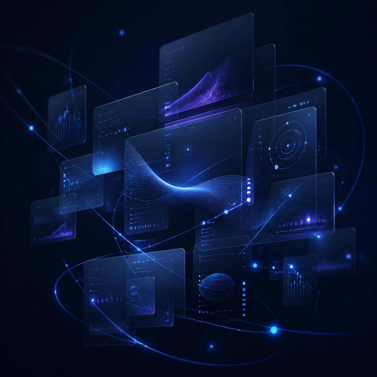 Abstract composition of layered interface panels, orbital lines and connected data nodes representing Wenmora's digital experience engine